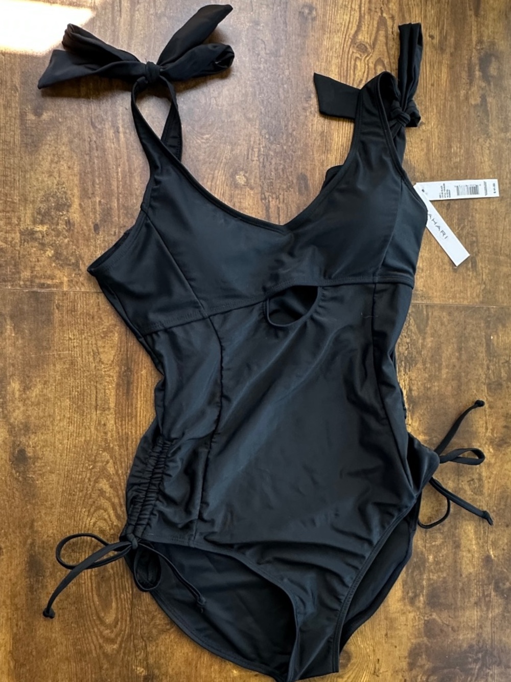 Tahari NWT Solid Black Tie Shoulder Keyhole One-Piece Swimsuit Ruched Sides Size